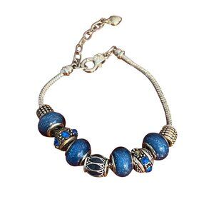 Khloelle Charm Bracelet Silver Tone Blue Glitter Add Bead Adj 7.5" + 2" Jewelry